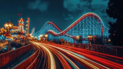 Obraz premium A full-motion capture of rollercoaster light trails, artistically illuminated, blending seamlessly into the park lively atmosphere.