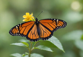 Monarch butterfly, vibrant orange wings, black veins, white spots, yellow flowers, green leaves, soft focus background, macro photography, detailed wings, nature close-up, delicate insect, pollinator,
