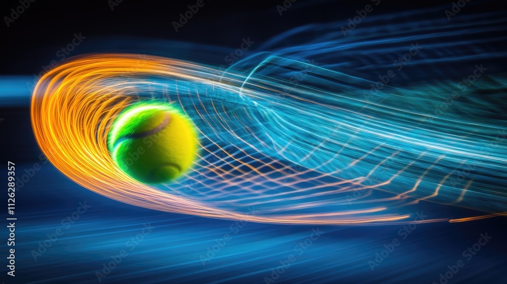 Poster a glowing arc of light trails from a tennis ball in flight, captured through motion blur and long ex