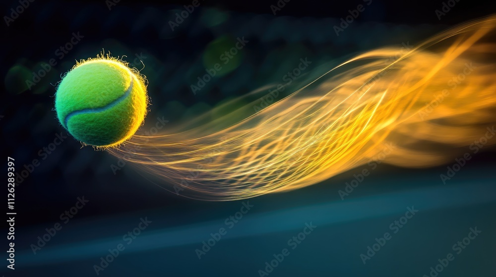 Poster a glowing arc of light trails from a tennis ball in flight, captured through motion blur and long ex