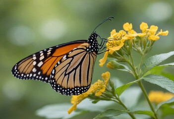 Monarch butterfly, vibrant orange wings, black veins, white spots, yellow flowers, green leaves, soft focus background, macro photography, detailed wings, nature close-up, delicate insect, pollinator,
