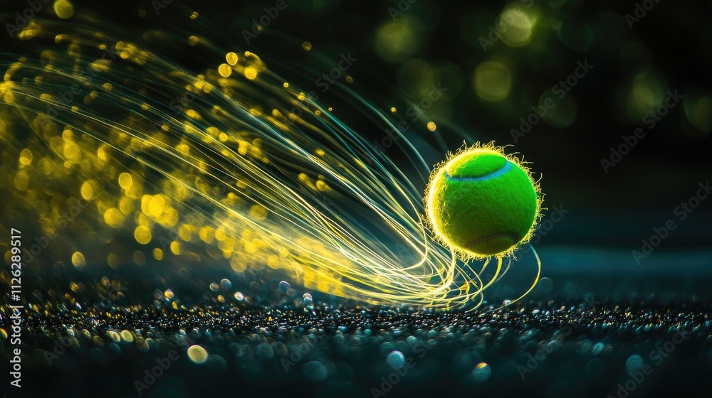 Poster a glowing arc of light trails from a tennis ball in flight, captured through motion blur and long ex