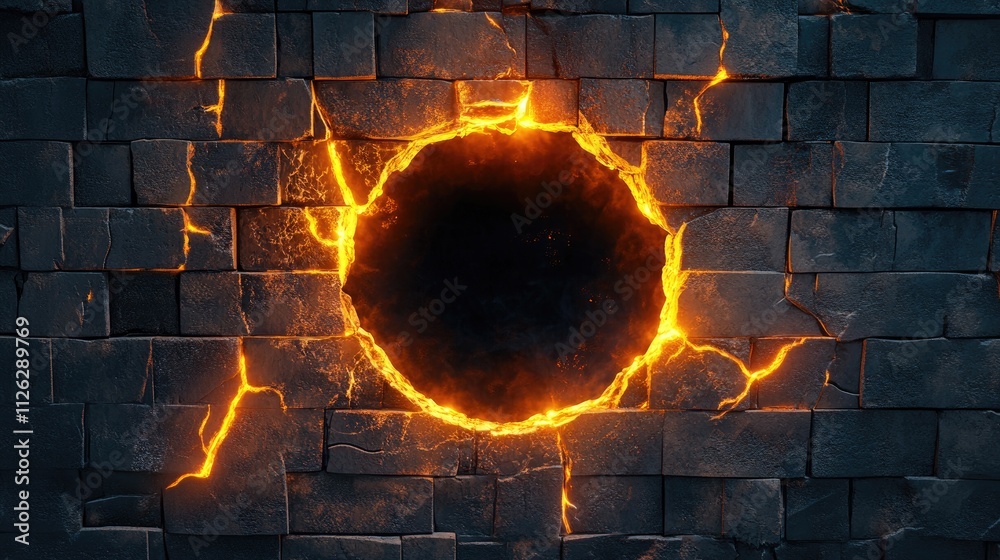 Poster a glowing black hole emerges from a glossy ceramic brick wall, with cracks lighting up the surface, 