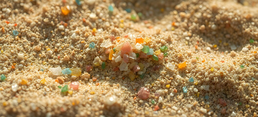 Fototapeta premium Layered visualization showing microplastics embedded in ocean sand.Concept of water pollution and global warming.