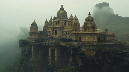 Obraz premium Majestic Ancient Temple Overlooking Misty Mountain Landscape