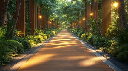 Obraz premium Serene Pathway Surrounded by Lush Greenery and Warm Lighting