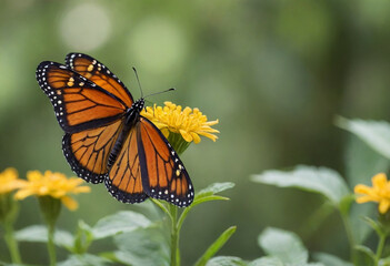 Fototapeta premium Monarch butterfly, vibrant orange wings, black veins, white spots, yellow flowers, green leaves, soft focus background, macro photography, detailed wings, nature close-up, delicate insect, pollinator,