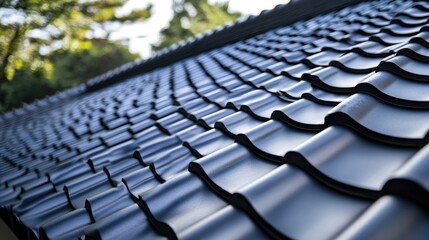 Naklejka premium Sleek black steel tiles on a modern architectural structure, reflecting urban sophistication