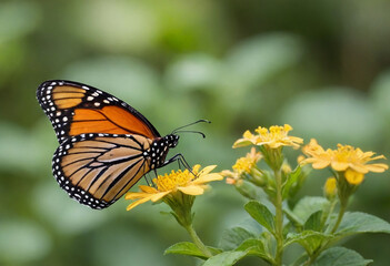 Naklejka premium monarch butterfly, vibrant orange wings, black veins, white spots, yellow flowers, green leaves, soft focus background, macro photography, detailed wings, nature close-up, delicate insect, pollinator,