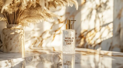 World Water Day:  A minimalist and elegant still life featuring a bottle of hand wash with the inscription "World Water Day," set against a backdrop of pampas grass and a marble surface.