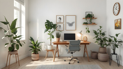 Home office interior with different beautiful houseplant