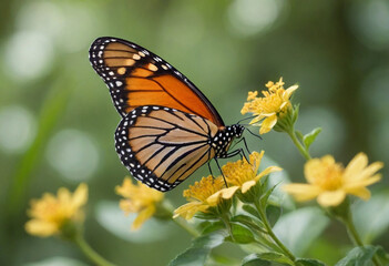 Fototapeta premium monarch butterfly, vibrant orange wings, black veins, white spots, yellow flowers, green leaves, soft focus background, macro photography, detailed wings, nature close-up, delicate insect, pollinator,