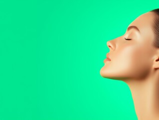 A profile of a woman with closed eyes against a vibrant green background, showcasing her smooth skin and serene expression.