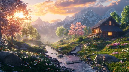 Fototapeta premium Idyllic Mountain Cabin at Sunset A Serene Spring Landscape.