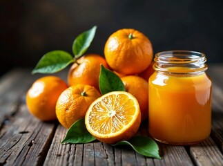 Fresh Oranges & Marmalade on Wooden Table - AI Photorealistic Food Still Life
