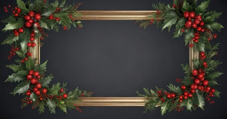 Festive Christmas frame with holly and berries, green, bright, holiday, red