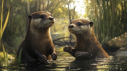 Obraz premium Playful Otters in a Serene Natural Habitat by Water's Edge