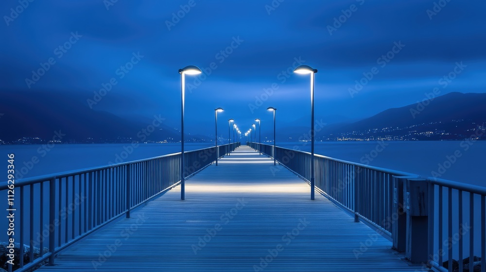 Poster A minimalist shot focusing on sleek lighting along a bridge, with clean lines and a simple backdrop, capturing the elegant design.
