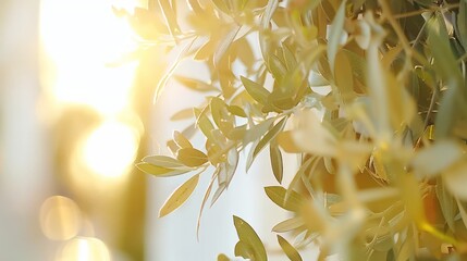 Beautiful Olive Leaves Illuminated by Sunset Light, Showcasing Nature's Serenity and Tranquility in a Soft and Warm Atmosphere