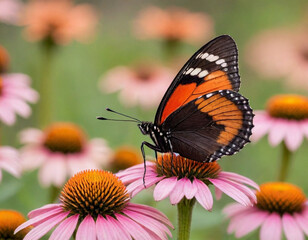 monarch butterfly, vibrant orange wings, black veins, white spots, yellow flowers, green leaves, soft focus background, macro photography, detailed wings, nature close-up, delicate insect, pollinator,