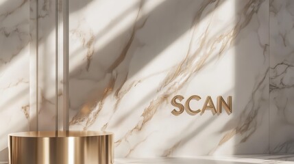 Golden Hour Scan: Elegant marble texture with brass accents and the word "SCAN" subtly inscribed. Luxurious, minimalist aesthetic, perfect for branding or medical imagery.  