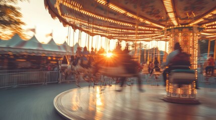 Silhouetted people riding illuminated carousel swing at sunset. Motion blur effect of free movement. Retro nostalgic carnival and amusement park concept.