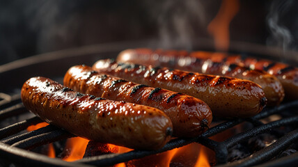 Close up of sausages sizzling on the barbecue