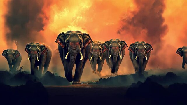 Majestic Elephants Marching Under Fiery Sky