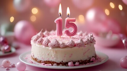 Sweet Sixteen Cake: A beautiful, pink cake with a single lit candle, surrounded by a soft, romantic backdrop. The scene evokes a sense of joy and celebration.