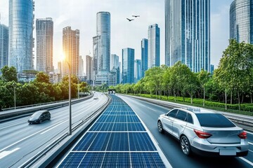 Obraz premium Solar Panel Road with Modern City Skyline and Eco-Friendly Cars