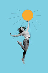 Composite trend artwork sketch image collage of happy young lady jump hold yellow balloon joy...