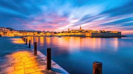 Obraz premium Stunning Sunset Over Historic Coastal Cityscape with Illuminated Architecture and Vibrant Sky Reflections on Tranquil Water