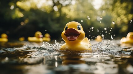 Cheerful Yellow Rubber Duck Smiling in Water with Ripples, Trees, and Playful Atmosphere, Adobe Stock Image