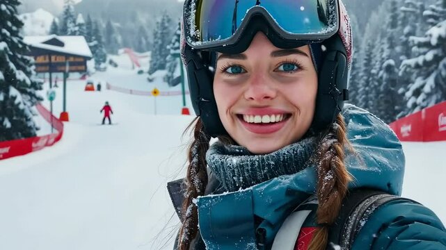  video of smiling woman in ski clothes, ski goggles and helmet on snowy ski slope background, snowboarder, skier, mountain vacation, holiday, girl doing skiing