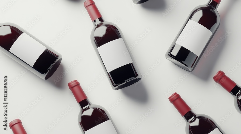 Poster a selection of red and white wine bottles with blank labels, arranged on a white surface for a clean