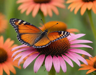 Fototapeta premium monarch butterfly, vibrant orange wings, black veins, white spots, yellow flowers, green leaves, soft focus background, macro photography, detailed wings, nature close-up, delicate insect, pollinator,