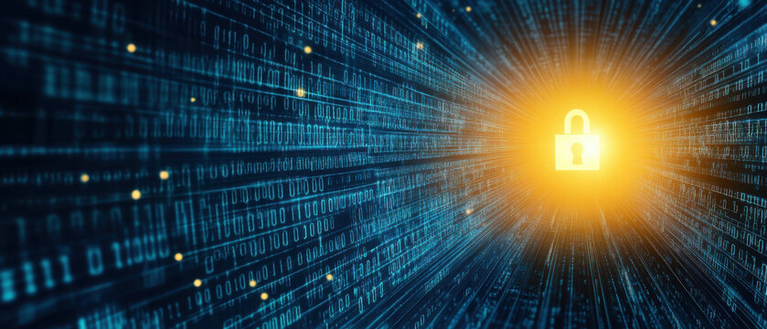 glowing lock icon emerges from binary code matrix, symbolizing digital security and protection