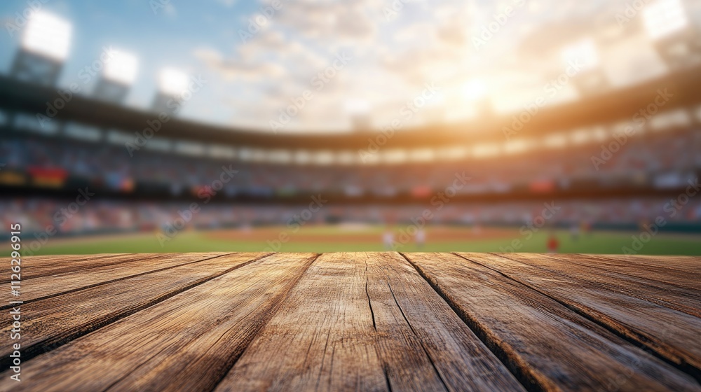 Aufkleber a sharp focus on a wooden table with the blurred outline of a bustling baseball stadium in the backg