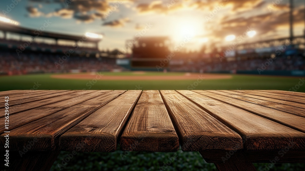 Poster A sharp focus on a wooden table with the blurred outline of a bustling baseball stadium in the background, creating an energetic scene.
