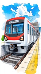 Vibrant Urban Train at Station with Clear Blue Sky and Modern Architecture in the Background