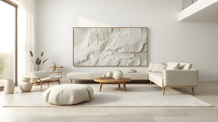 Modern and cozy interior in neutral tones with natural elements, concrete wall and wooden furniture. 3d render.