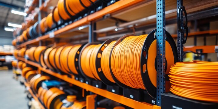 Neatly arranged orange electrical cables on wooden warehouse shelves, with spools of various sizes and colors, in blurred background.