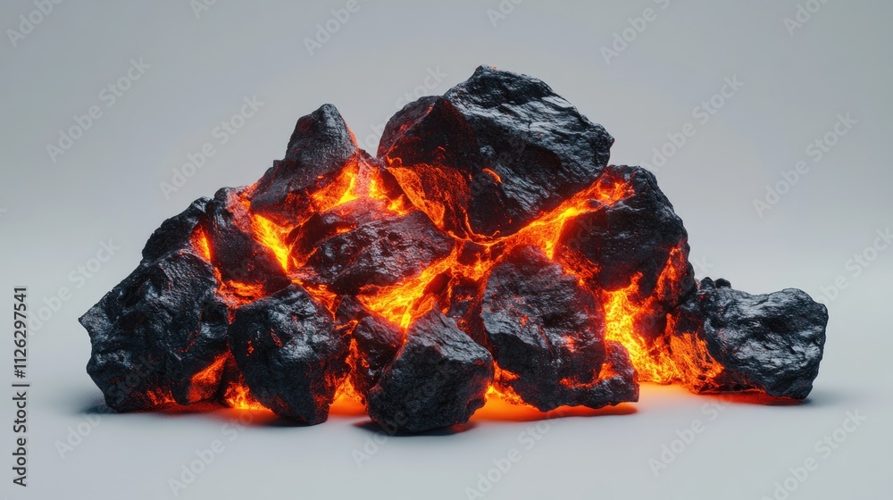 Poster a side view of glowing coals in a compact pile, with bright embers and deep textures, resting on a c