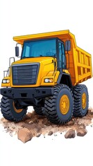 Obraz premium Bright Yellow Dump Truck Illustration on Rocky Terrain with Bold Lines and Vibrant Colors Showcasing Heavy Machinery and Construction Equipment