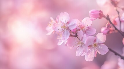 Fototapeta premium A close-up of a blooming cherry blossom branch, with delicate pink petals and soft light. The background fades into a soft blur, leaving room for a comforting 