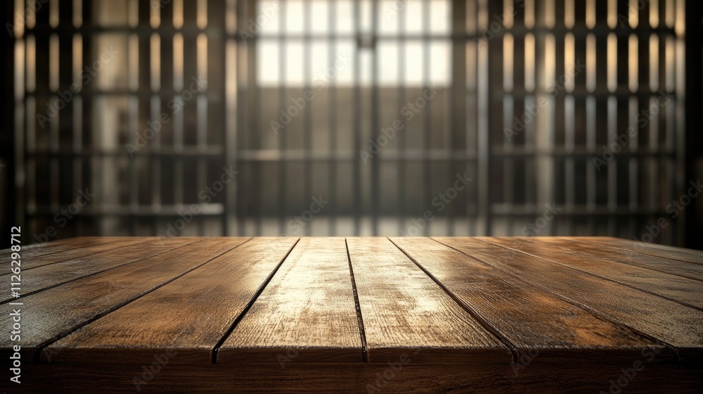 Poster a smooth wooden table stands in the foreground, with a blurred jail in the distance, featuring metal