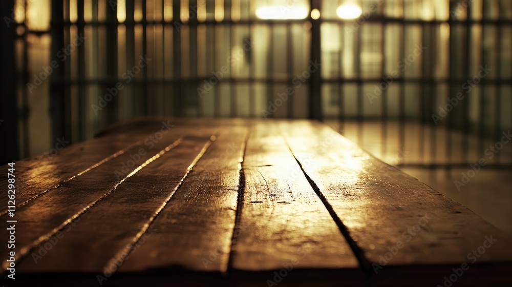 Poster a smooth wooden table stands in the foreground, with a blurred jail in the distance, featuring metal