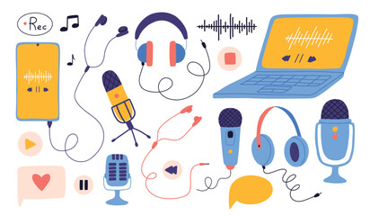 Hand drawn set of podcast elements. Collection of headphones and microphones. Vector illustration of technology for a podcast.