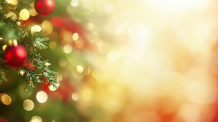 Christmas Tree Branch with Ornaments and Lights, Close-up of a Christmas tree branch with red ornaments and golden bokeh lights, creating a warm and festive ambiance.


