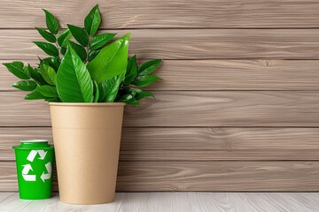 A green plant in a natural pot beside a recycling bin against a wooden wall, highlighting eco-friendliness and indoor gardening.